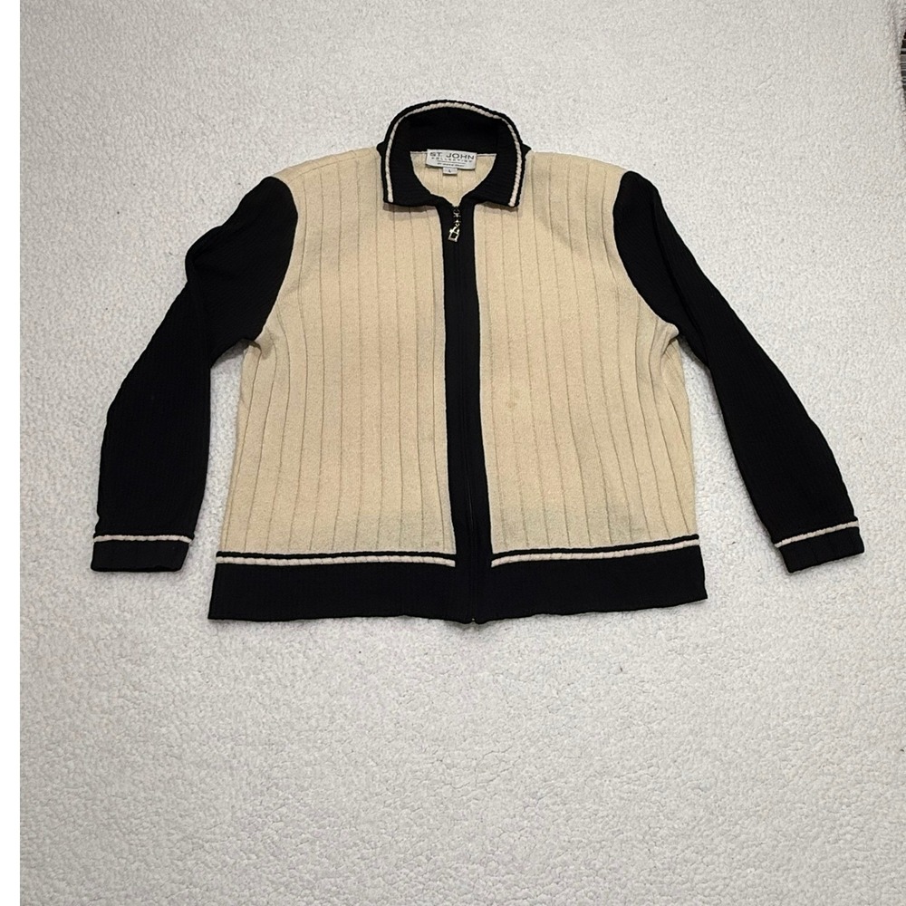St John Collection Marie Gray Zip‎ Up Knit Jacket Cream Black L